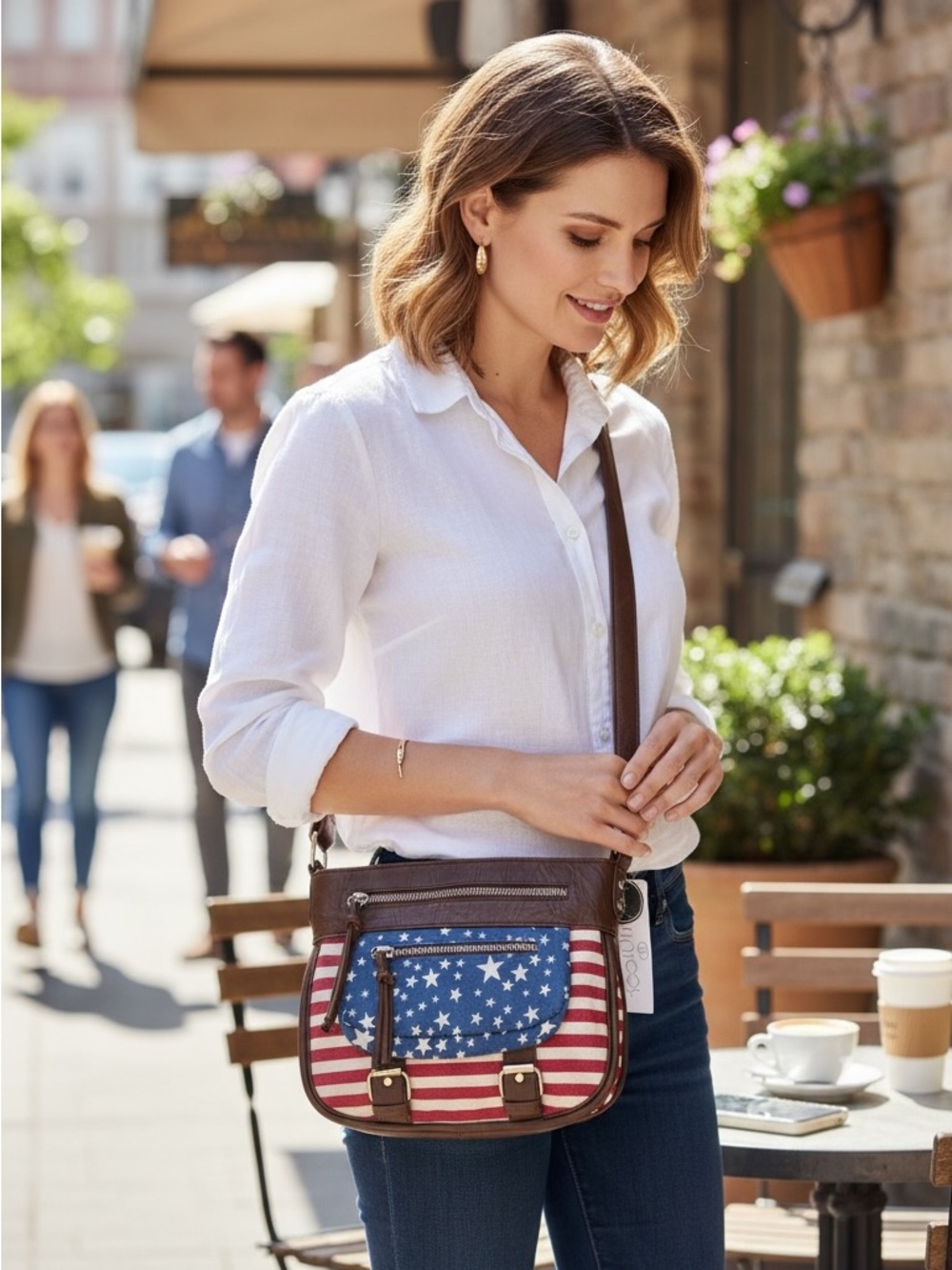 Minicci Americana Stars & Stripes Canvas Crossbody Bag - Brown & Red/White/Blue